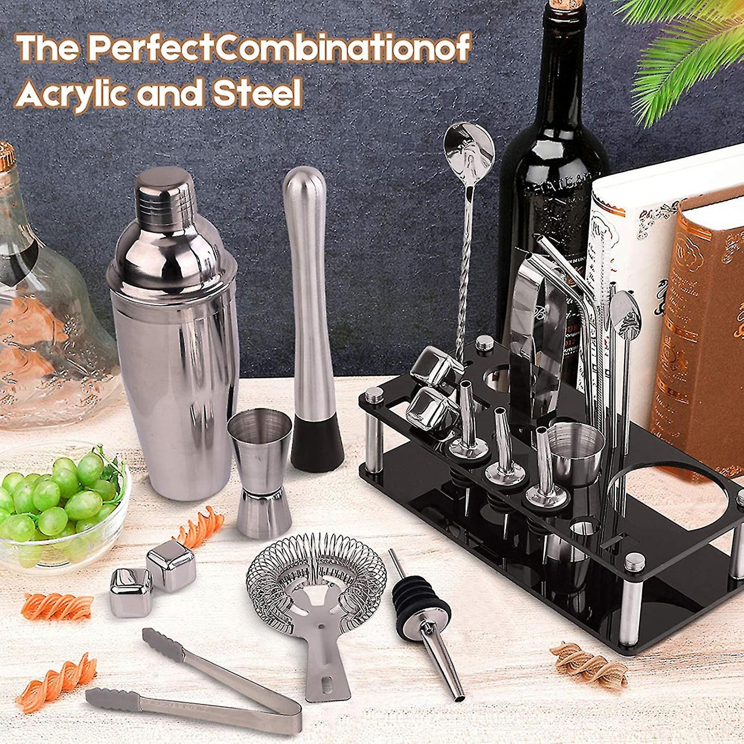 Frendorf | MixMaster 23-teiliges Barkeeper Kit | Edelstahl Cocktail Shaker Set | Professionelles Bar Zubehör mit Ständer