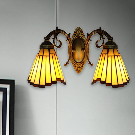 Frendorf | Gelbes Glas Alter Messing Wandleuchte Bogen/Nixe 2 Köpfe Mission Wandmontierte Lampe
