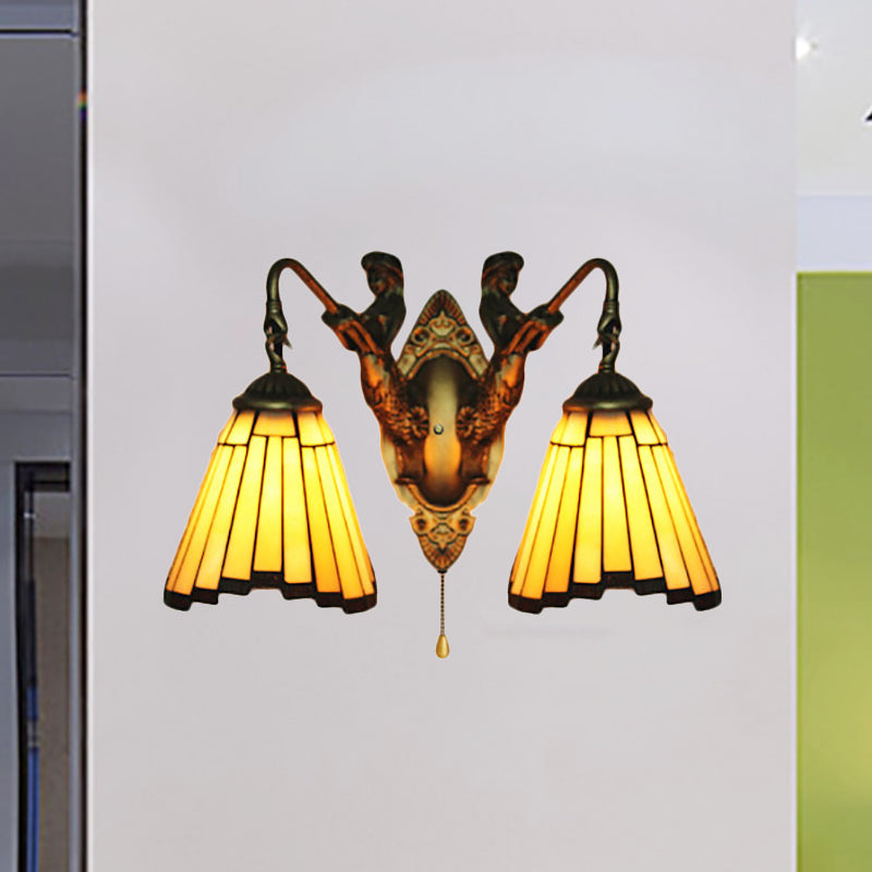 Frendorf | Gelbes Glas Alter Messing Wandleuchte Bogen/Nixe 2 Köpfe Mission Wandmontierte Lampe