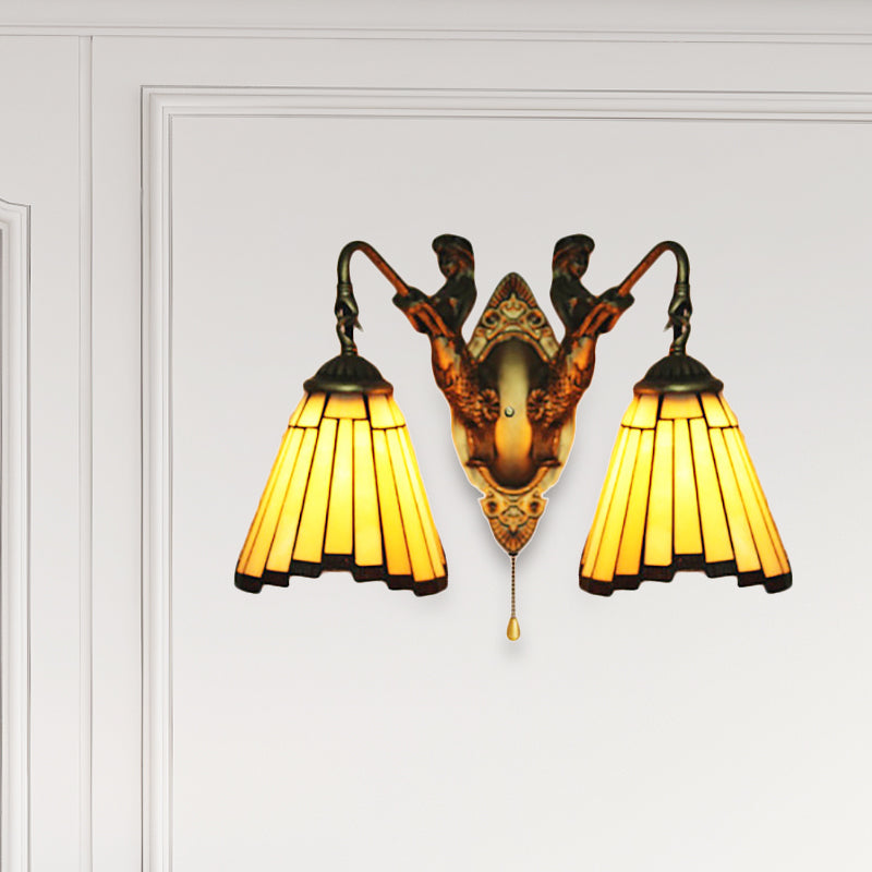 Frendorf | Gelbes Glas Alter Messing Wandleuchte Bogen/Nixe 2 Köpfe Mission Wandmontierte Lampe