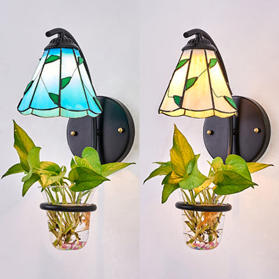 Frendorf | Cone Wandleuchte 1 Kopf Beige/Blaue Glas Tiffany Wandleuchte mit Pflanzen Dekoration