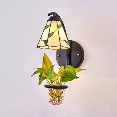 Frendorf | Cone Wandleuchte 1 Kopf Beige/Blaue Glas Tiffany Wandleuchte mit Pflanzen Dekoration