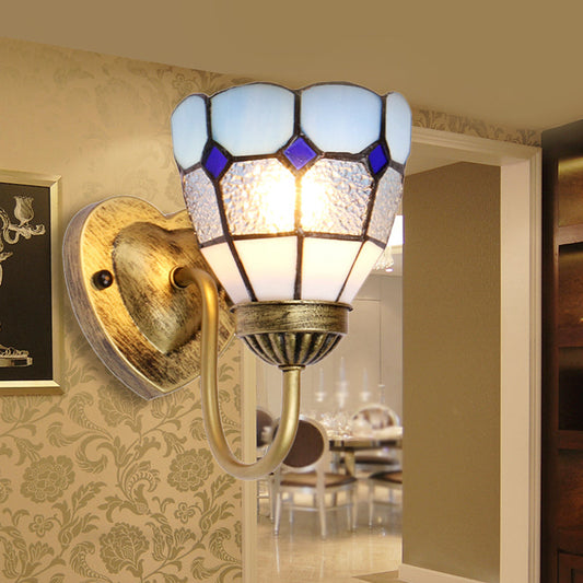 Frendorf | 1 Kopf Badezimmer Wandleuchte Tiffany Blau/Weiß/Antik Messing Wandmontierte Leuchte mit Kuppel-Dimple-Glas-Schirm