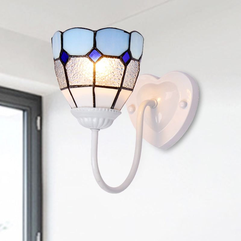 Frendorf | 1 Kopf Badezimmer Wandleuchte Tiffany Blau/Weiß/Antik Messing Wandmontierte Leuchte mit Kuppel-Dimple-Glas-Schirm