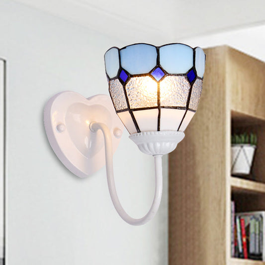 Frendorf | 1 Kopf Badezimmer Wandleuchte Tiffany Blau/Weiß/Antik Messing Wandmontierte Leuchte mit Kuppel-Dimple-Glas-Schirm