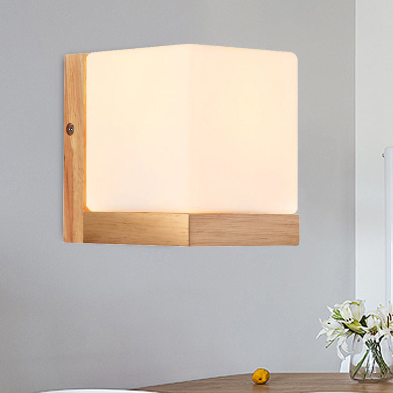 Frendorf | Hotel Restaurant Cube Wandlamp Opal Glas Holz 1 Licht Japanischer Stil Weiße Wandlampe