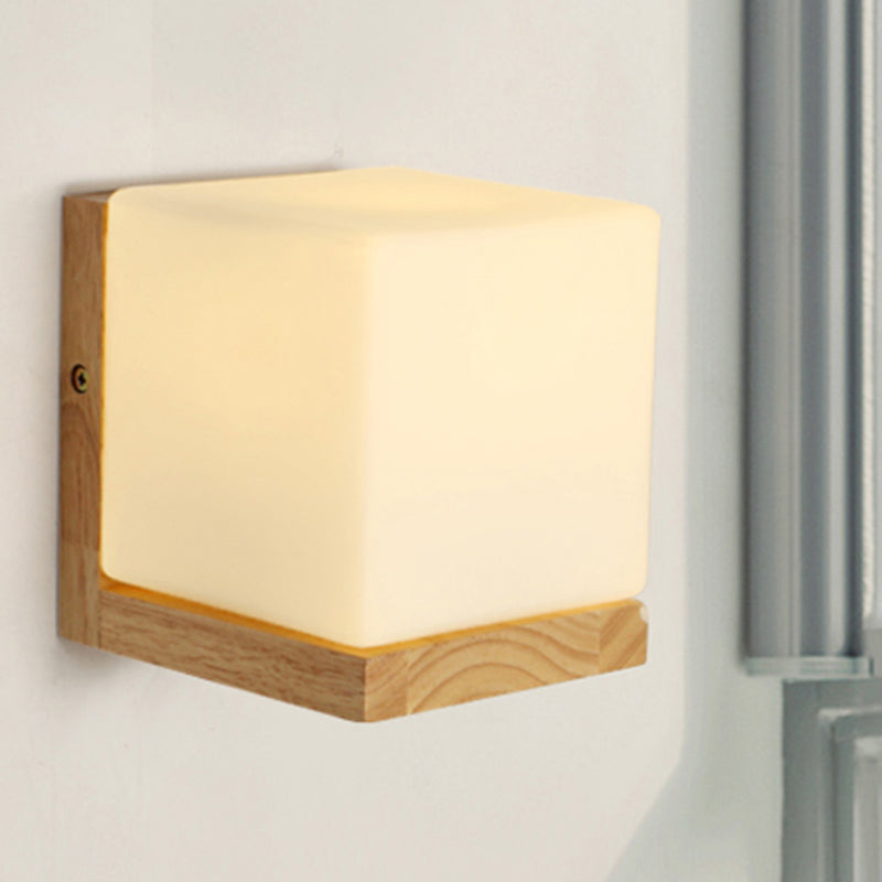 Frendorf | Hotel Restaurant Cube Wandlamp Opal Glas Holz 1 Licht Japanischer Stil Weiße Wandlampe