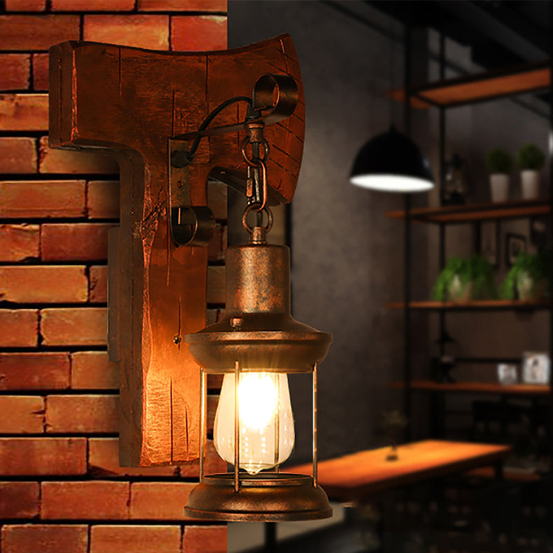 Rust Eins Licht Wandleuchte Küstliche Klare Glas Laterne Beleuchtung Fixture mit Holz Rückplatte