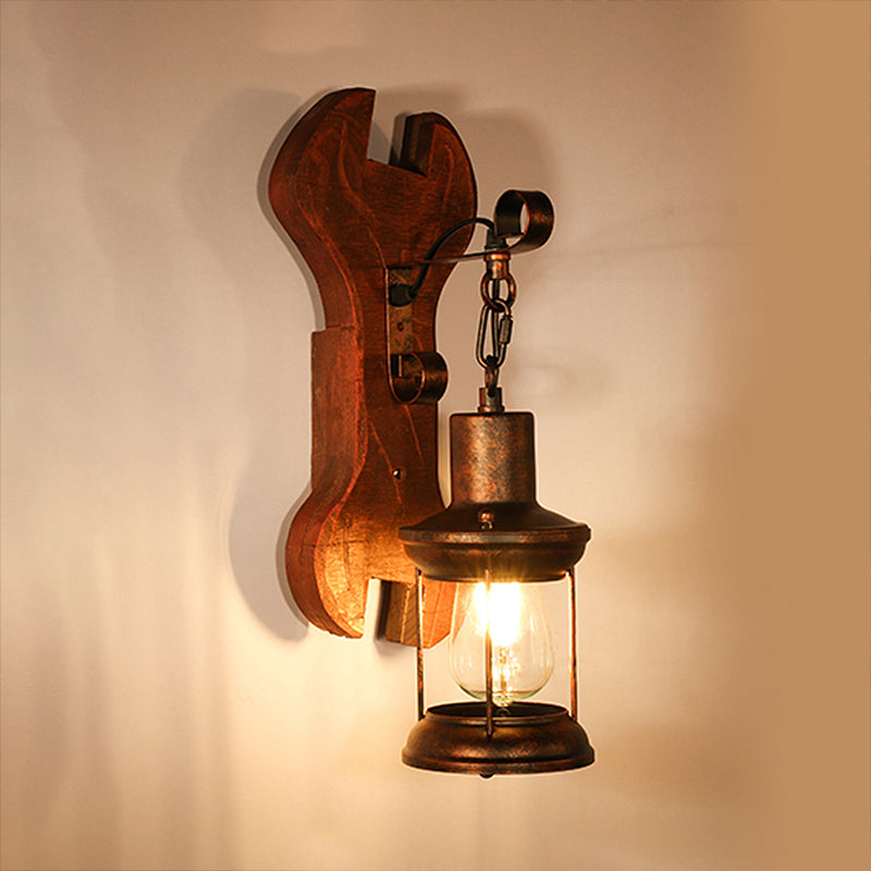 Rust Eins Licht Wandleuchte Küstliche Klare Glas Laterne Beleuchtung Fixture mit Holz Rückplatte