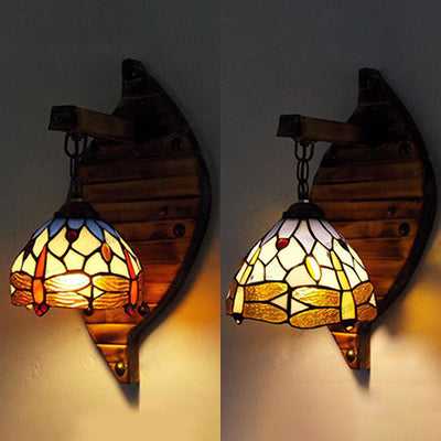 Frendorf | Vintage Gewölbte Wandlampe Buntglas 1 Licht Hängende Wandleuchte mit Libellenmuster in Lila/Blau