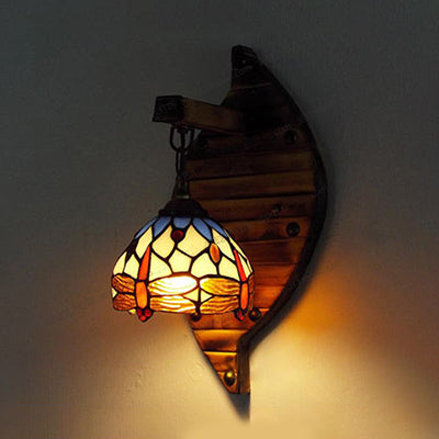 Frendorf | Vintage Gewölbte Wandlampe Buntglas 1 Licht Hängende Wandleuchte mit Libellenmuster in Lila/Blau