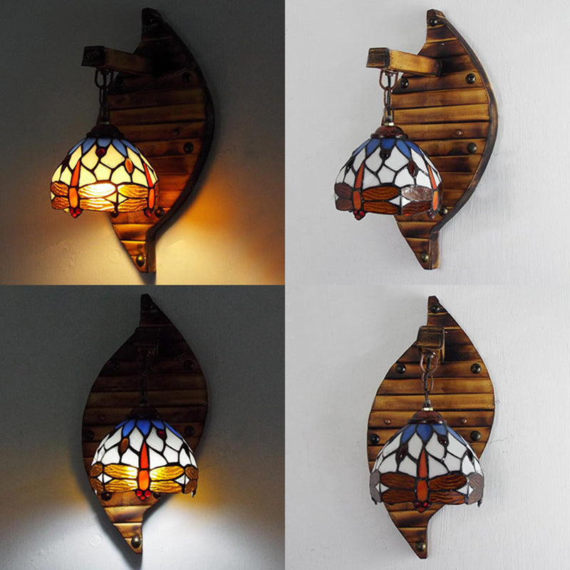 Frendorf | Vintage Gewölbte Wandlampe Buntglas 1 Licht Hängende Wandleuchte mit Libellenmuster in Lila/Blau
