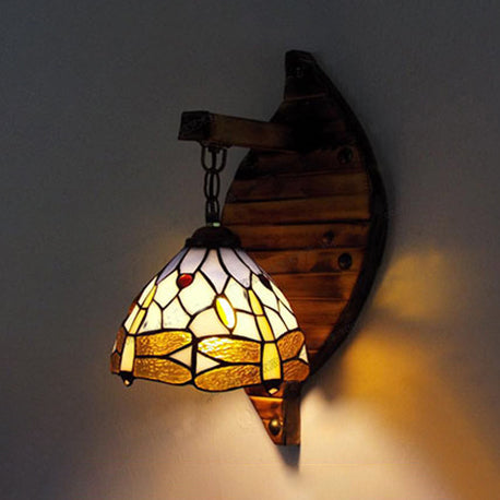 Frendorf | Vintage Gewölbte Wandlampe Buntglas 1 Licht Hängende Wandleuchte mit Libellenmuster in Lila/Blau