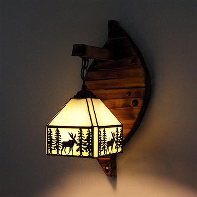 Frendorf | Klein Huis Wandmontage Fixture Tiffany Gevlekt Glas 1 Licht Wandlamp Fixture met Hert en Boom Patroon in Helder/Beige