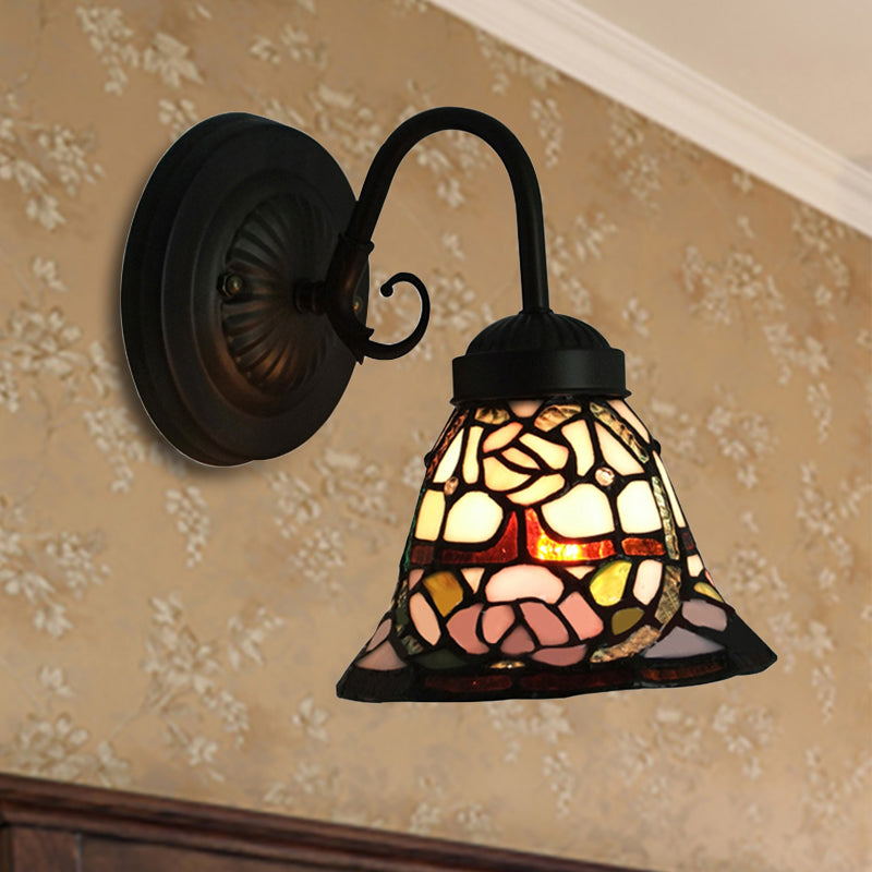 Frendorf | 1 Kopf Flared Wandleuchte Viktorianisch Schwarz Multicolor Buntglas Wandmontierte Lampe mit Rosenmuster