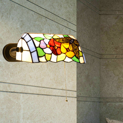 Frendorf | Banker Wandlamp met Trekschakelaar Traditionele Stijl Gebrandschilderd Glas Bloem Wandlamp in Messing