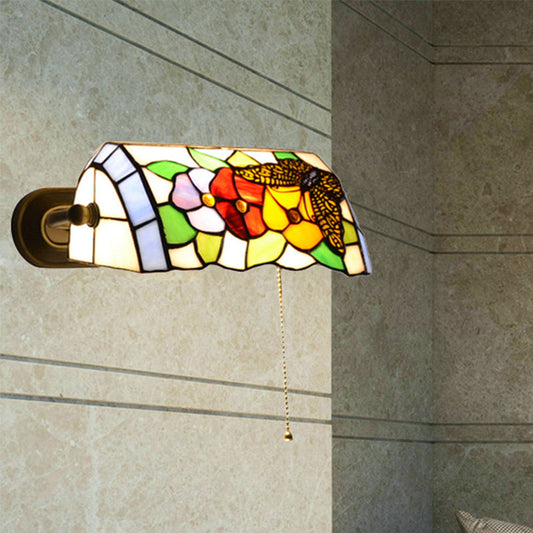 Frendorf | Banker Wandlamp met Trekschakelaar Traditionele Stijl Gebrandschilderd Glas Bloem Wandlamp in Messing
