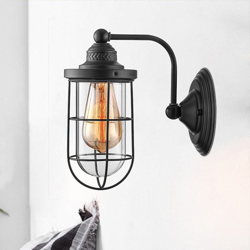 Frendorf | Industriële draadkooi wandverlichting 1/2-lamp heldere glazen wandlamp in zwart voor trap.