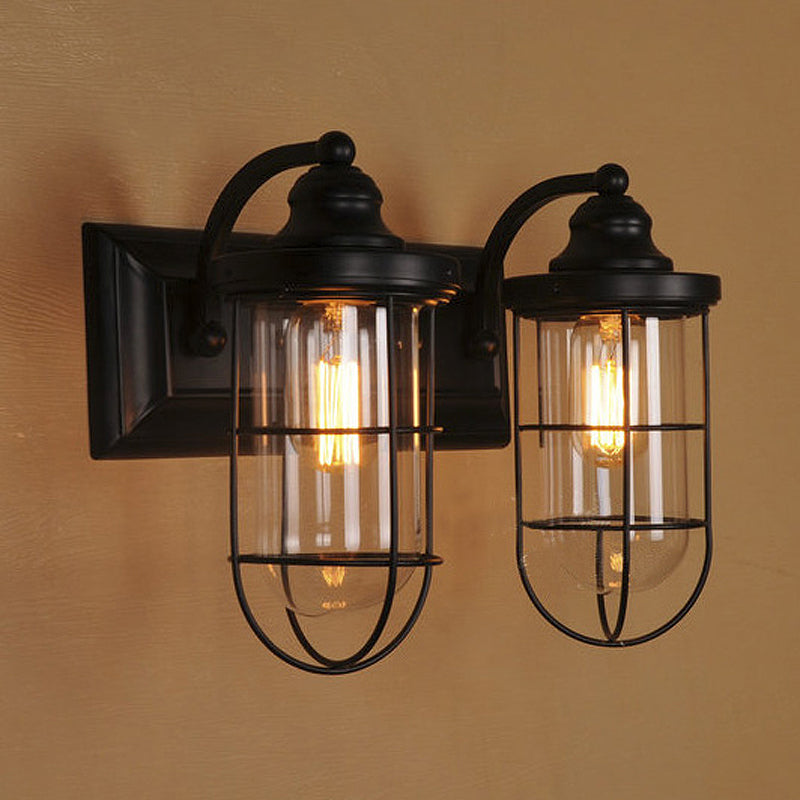 Frendorf | Industriële draadkooi wandverlichting 1/2-lamp heldere glazen wandlamp in zwart voor trap.