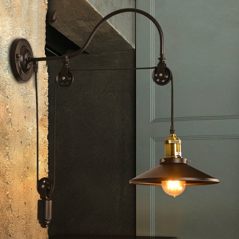 Frendorf | 1 Bulb Flat Wandlamp Industrieel Stijl Zwart Metallic Verstelbare Wandverlichting Fixture met Pulley Ontwerp