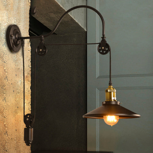 Frendorf | 1 Bulb Flat Wandlamp Industrieel Stijl Zwart Metallic Verstelbare Wandverlichting Fixture met Pulley Ontwerp
