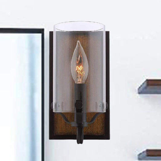 Frendorf | 1 Glühbirne Zylinder Wandmontierte Leuchte Industrie Braun Klar Glas Beleuchtung mit Holzhintergrundplatte