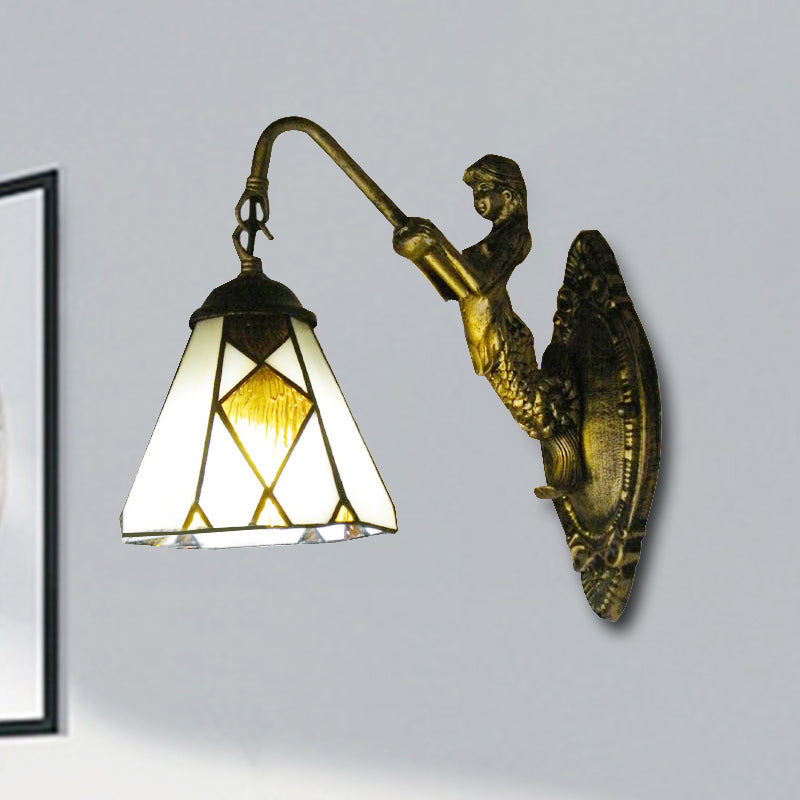 Frendorf | Tiffany Cone Wandmontage Verlichting 1 Kop Beige Glas Wandlamp met Zeemeermin Achterplaat