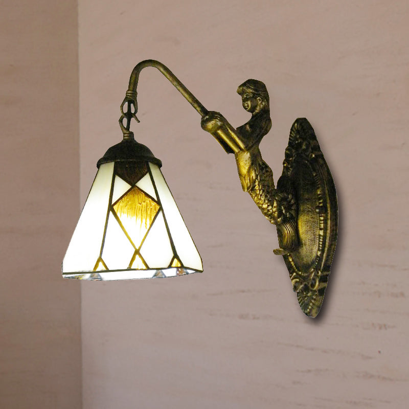 Frendorf | Tiffany Cone Wandmontage Verlichting 1 Kop Beige Glas Wandlamp met Zeemeermin Achterplaat