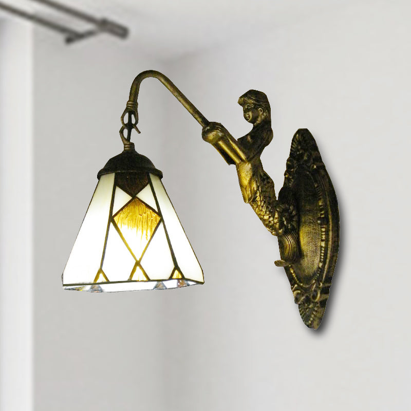Frendorf | Tiffany Cone Wandmontage Verlichting 1 Kop Beige Glas Wandlamp met Zeemeermin Achterplaat