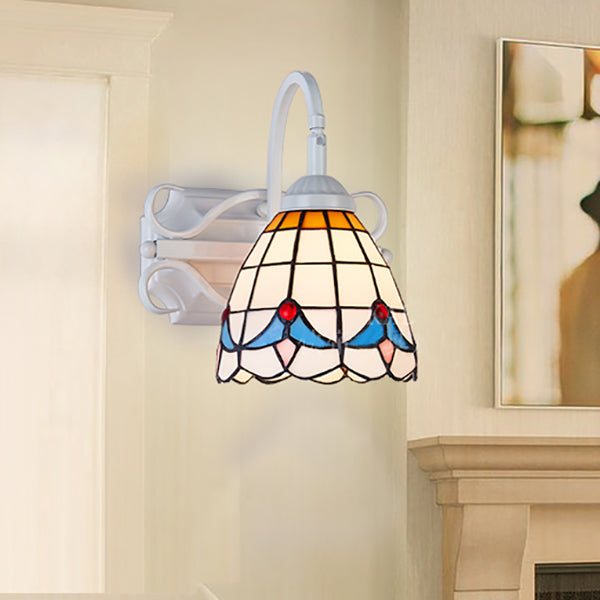 Frendorf | Retro-Stil Kuppel Wandlicht Leuchte Buntglas 1 Licht Abwärtsbeleuchtung Wandmontage Leuchte in Beige/Blau/Blau-Weiß/Weiß