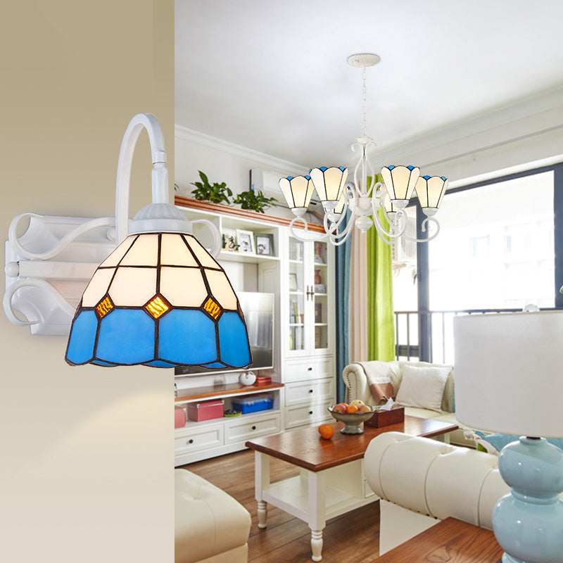Frendorf | Retro-Stil Kuppel Wandlicht Leuchte Buntglas 1 Licht Abwärtsbeleuchtung Wandmontage Leuchte in Beige/Blau/Blau-Weiß/Weiß