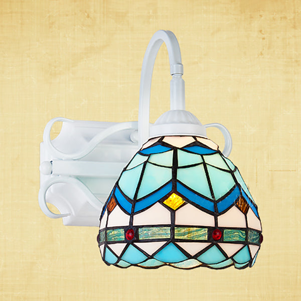 Frendorf | Retro-Stil Kuppel Wandlicht Leuchte Buntglas 1 Licht Abwärtsbeleuchtung Wandmontage Leuchte in Beige/Blau/Blau-Weiß/Weiß
