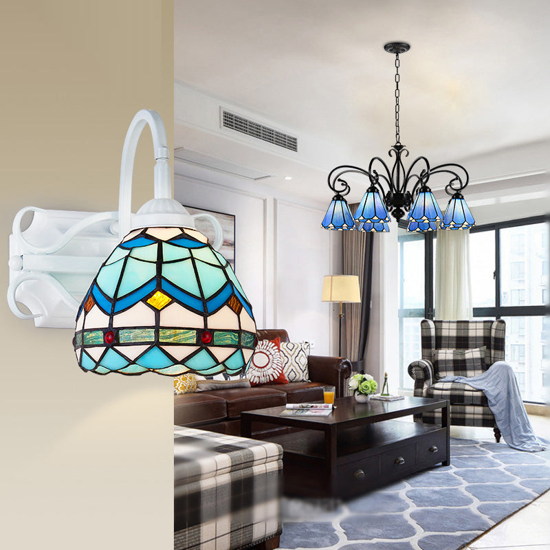 Frendorf | Retro-Stil Kuppel Wandlicht Leuchte Buntglas 1 Licht Abwärtsbeleuchtung Wandmontage Leuchte in Beige/Blau/Blau-Weiß/Weiß