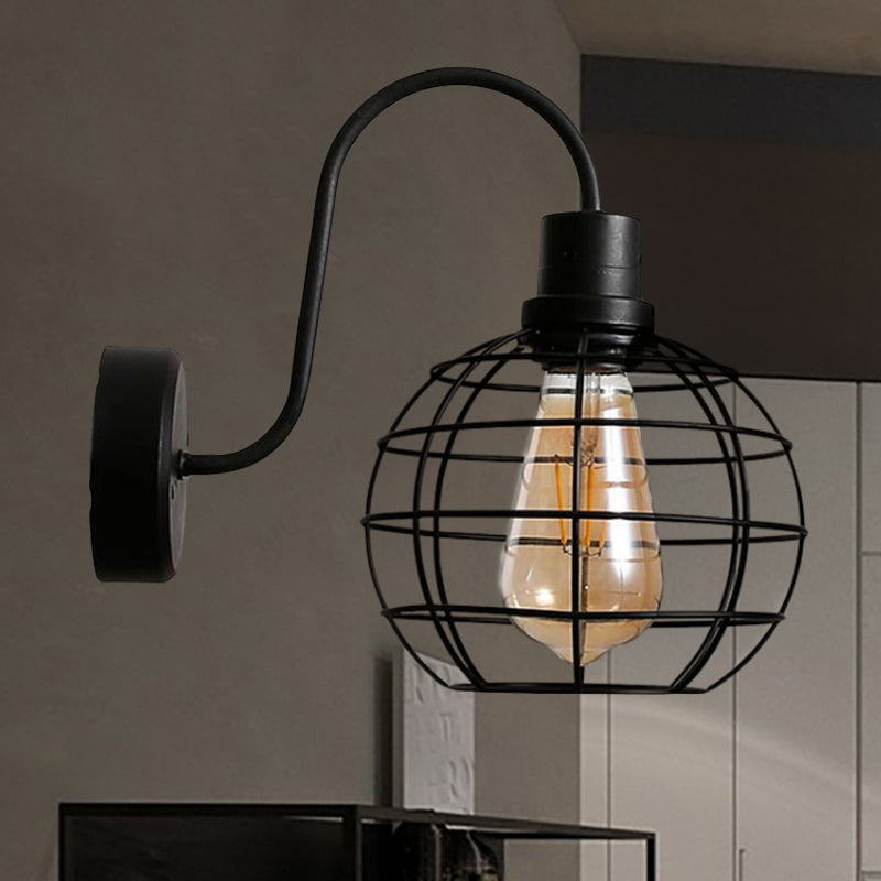 Frendorf | 1 Glühbirne Wandleuchte Retro-Stil Draht Global Käfig Metall Wandleuchte Licht in Schwarz für Wohnzimmer