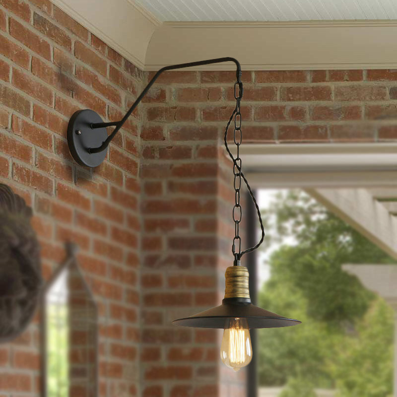 Frendorf | 1 Glühbirne Wand hängen Licht mit flachem Schirm und Kette Metall Vintage Stil Wohnzimmer Wandleuchte Beleuchtung in Schwarz, 7"/10" B