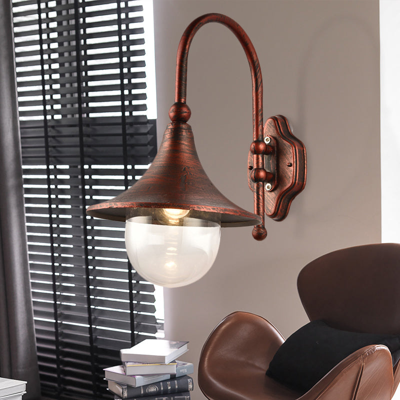 Frendorf | Geflarete Schirm Metall Wandleuchte Industrie 1 Licht Balkon Wandmontage Licht mit klarem Glaskuppel in Schwarz/Rost Finish