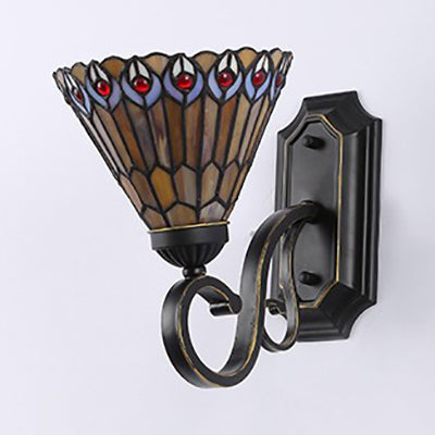Frendorf | Tiffany Stil Mission Wandmontage Fixture Gegravur Glas 1 Licht Wand Sconces in Blauw-Wit/Blauw/Beige/Wit voor Trap
