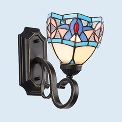 Frendorf | Tiffany Stil Mission Wandmontage Fixture Gegravur Glas 1 Licht Wand Sconces in Blauw-Wit/Blauw/Beige/Wit voor Trap