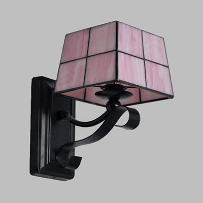 Frendorf | Roze/Blauw/Beige Vierkante Wandlamp Tiffany Stijl Gekleurd Glas 1 Lichts Wandmontage Armatuur voor Slaapkamer