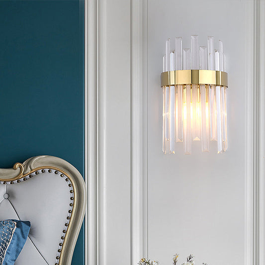 Frendorf | 2 Köpfe Schlafzimmer Wandlicht Postmodern Schwarz/Gold Wandlampe mit Halbzylinder Drei Seiten Kristallstangen-Schirm
