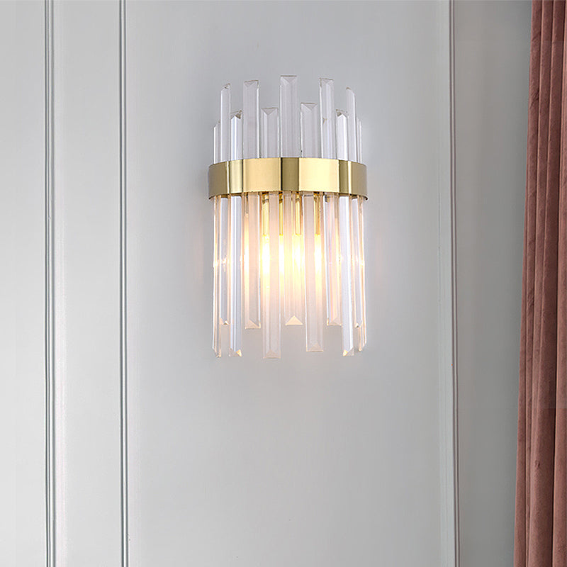 Frendorf | 2 Köpfe Schlafzimmer Wandlicht Postmodern Schwarz/Gold Wandlampe mit Halbzylinder Drei Seiten Kristallstangen-Schirm