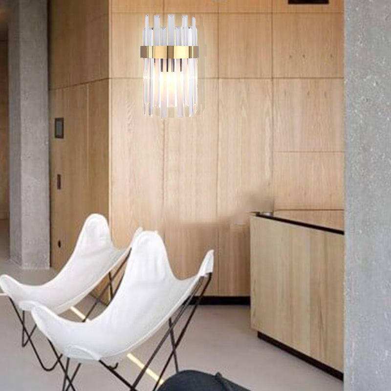 Frendorf | 2 Köpfe Schlafzimmer Wandlicht Postmodern Schwarz/Gold Wandlampe mit Halbzylinder Drei Seiten Kristallstangen-Schirm