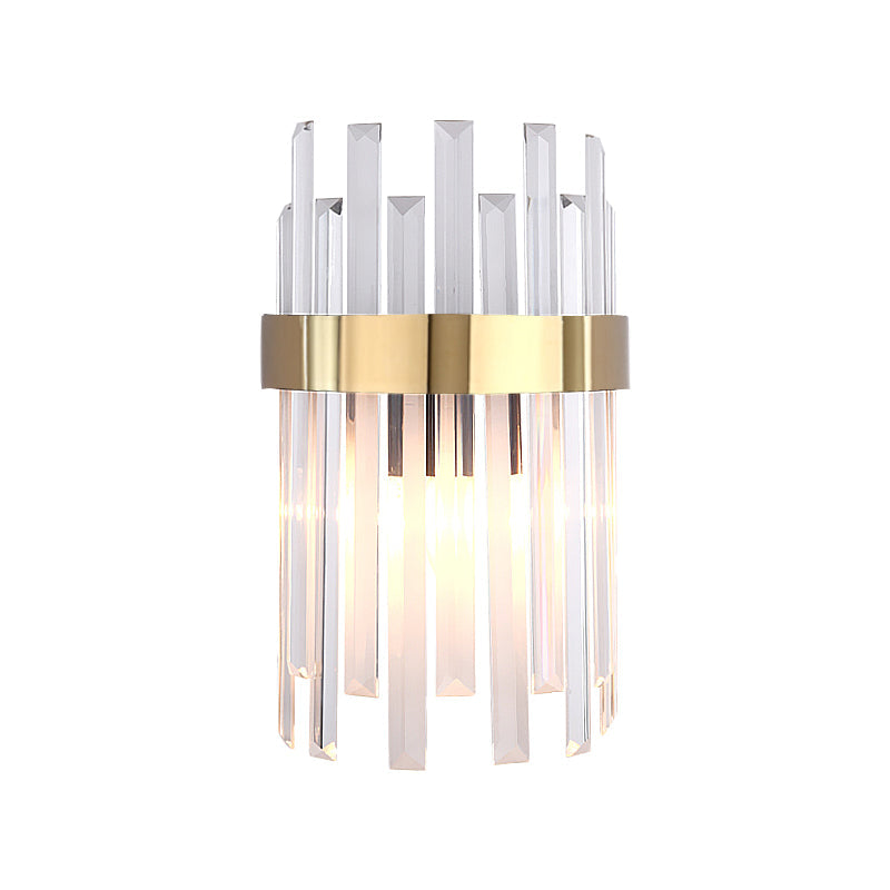 Frendorf | 2 Köpfe Schlafzimmer Wandlicht Postmodern Schwarz/Gold Wandlampe mit Halbzylinder Drei Seiten Kristallstangen-Schirm