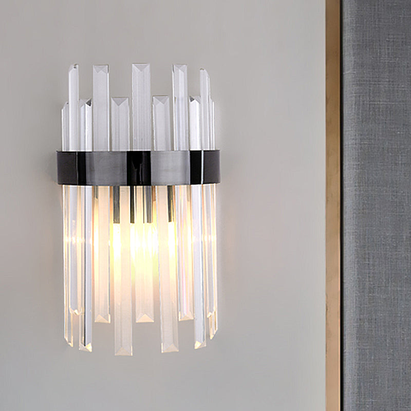 Frendorf | 2 Köpfe Schlafzimmer Wandlicht Postmodern Schwarz/Gold Wandlampe mit Halbzylinder Drei Seiten Kristallstangen-Schirm