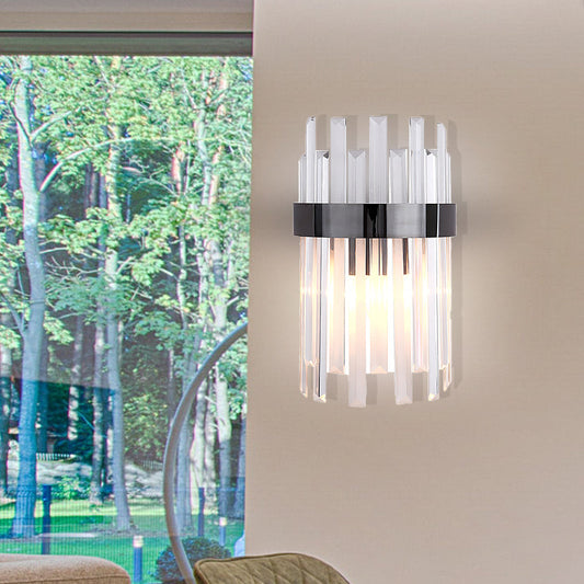 Frendorf | 2 Köpfe Schlafzimmer Wandlicht Postmodern Schwarz/Gold Wandlampe mit Halbzylinder Drei Seiten Kristallstangen-Schirm