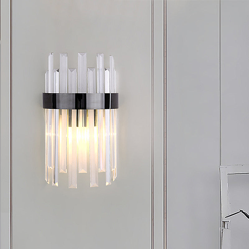 Frendorf | 2 Köpfe Schlafzimmer Wandlicht Postmodern Schwarz/Gold Wandlampe mit Halbzylinder Drei Seiten Kristallstangen-Schirm