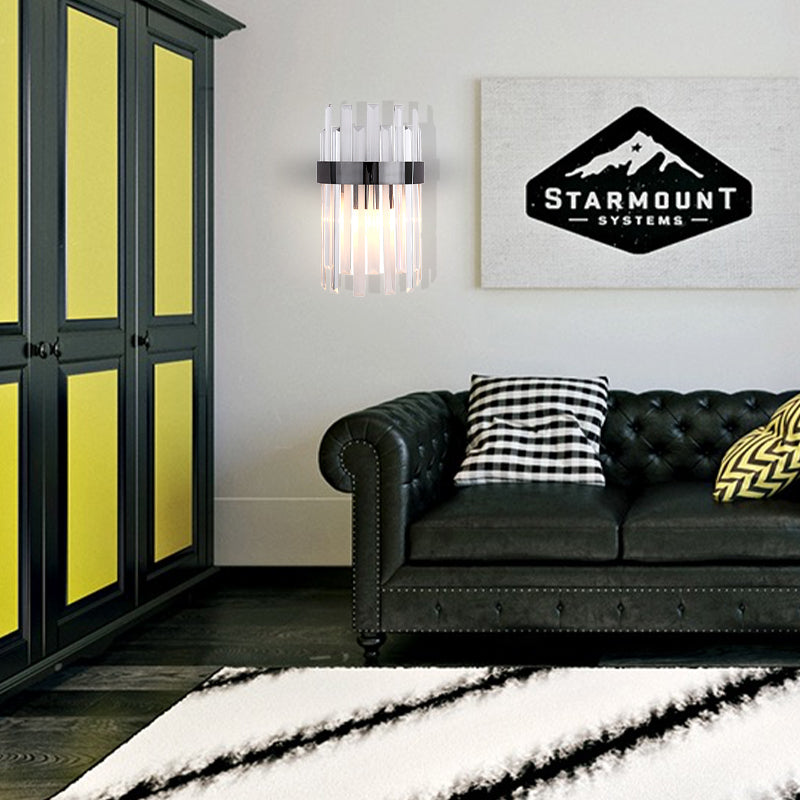 Frendorf | 2 Köpfe Schlafzimmer Wandlicht Postmodern Schwarz/Gold Wandlampe mit Halbzylinder Drei Seiten Kristallstangen-Schirm