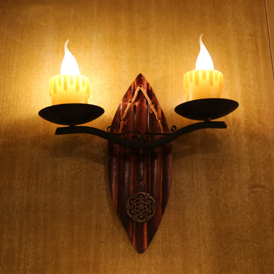 Frendorf | 2 Lichten Kaars Wandlamp Vintage Geel Hars Sconces Lichtarmatuur met Houten Achterplaat