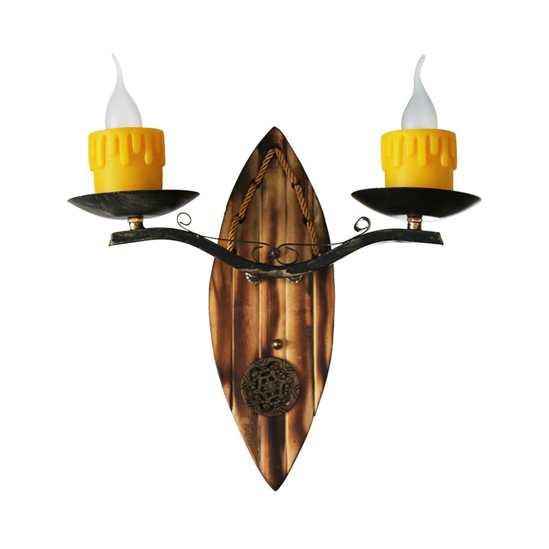Frendorf | 2 Lichten Kaars Wandlamp Vintage Geel Hars Sconces Lichtarmatuur met Houten Achterplaat