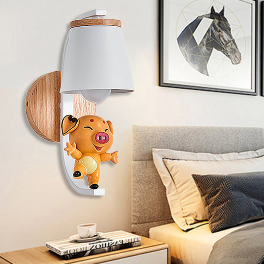 Frendorf | 1 Licht Bucket Wandlamp met Dansende Piggy Moderne Schattige Metalen Wandlamp in Wit voor Kleuterschool